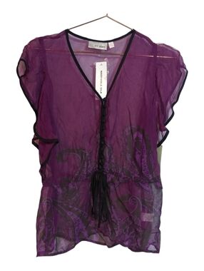 Kenar Purple Sheer Silk V-Neck Blouse Flutter Sleeve Button Front Y2K Fairy Sz S